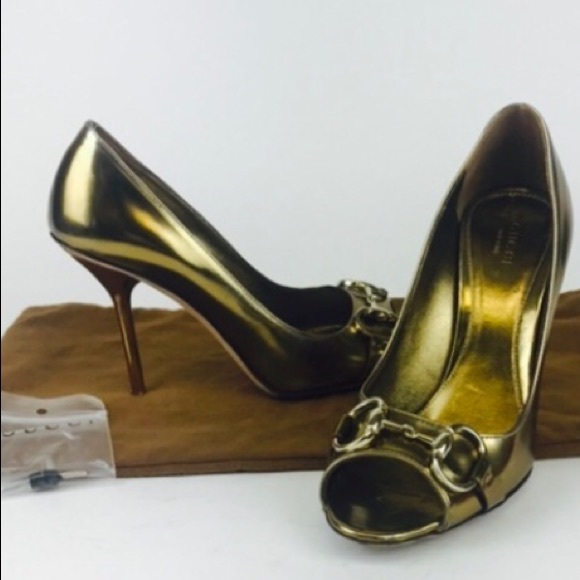 Gucci Shoes - Gucci Aubergine Gold Horsebit Peep Toe Heels